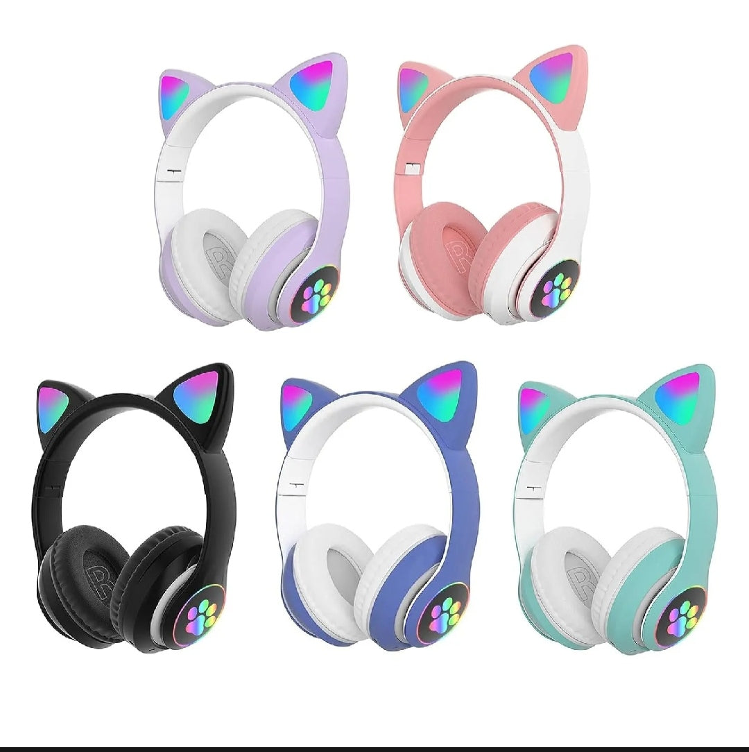 Cat Headphone Ear Wireless Bluetooth Headphones - Glowing LED Light-Up Foldable Headset for Kids and Adults