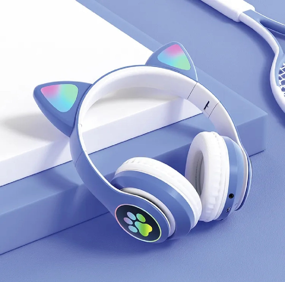Cat Headphone Ear Wireless Bluetooth Headphones - Glowing LED Light-Up Foldable Headset for Kids and Adults