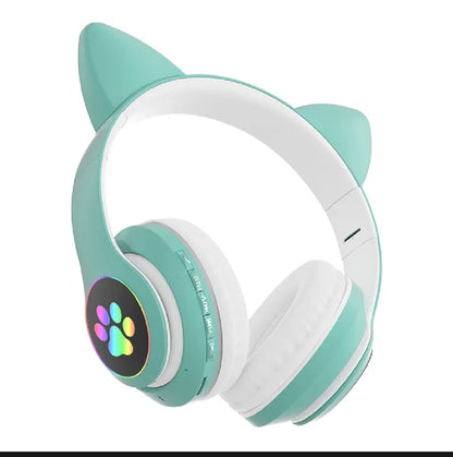 Cat Headphone Ear Wireless Bluetooth Headphones - Glowing LED Light-Up Foldable Headset for Kids and Adults