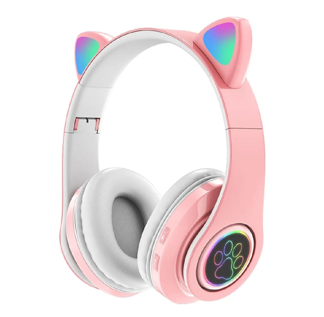 Cat Headphone Ear Wireless Bluetooth Headphones - Glowing LED Light-Up Foldable Headset for Kids and Adults